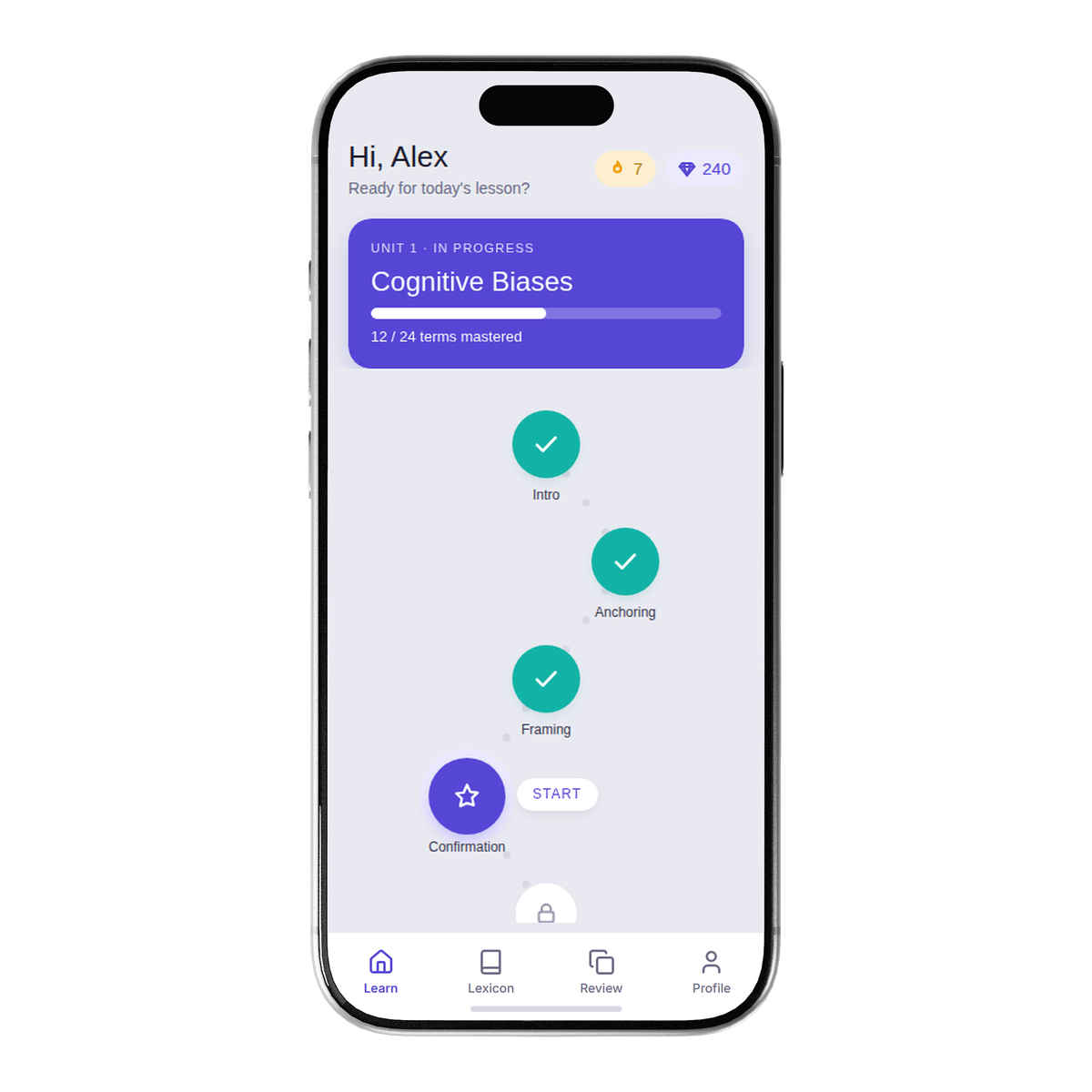 Lepsychon on an iPhone, open on the learn path